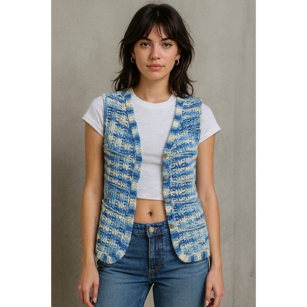 Vintage Handmade Knitted Vest Size Medium Off-White Blue Button Up Chunky Knit